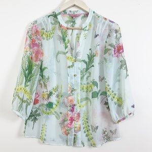 Ted Baker Sheer Blouse Floral button vneck Sz 2